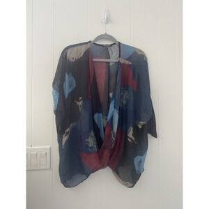 Made in Italy Sheer Abstract Print Kimono Cardigan Draped Front Silk Top OS Blue